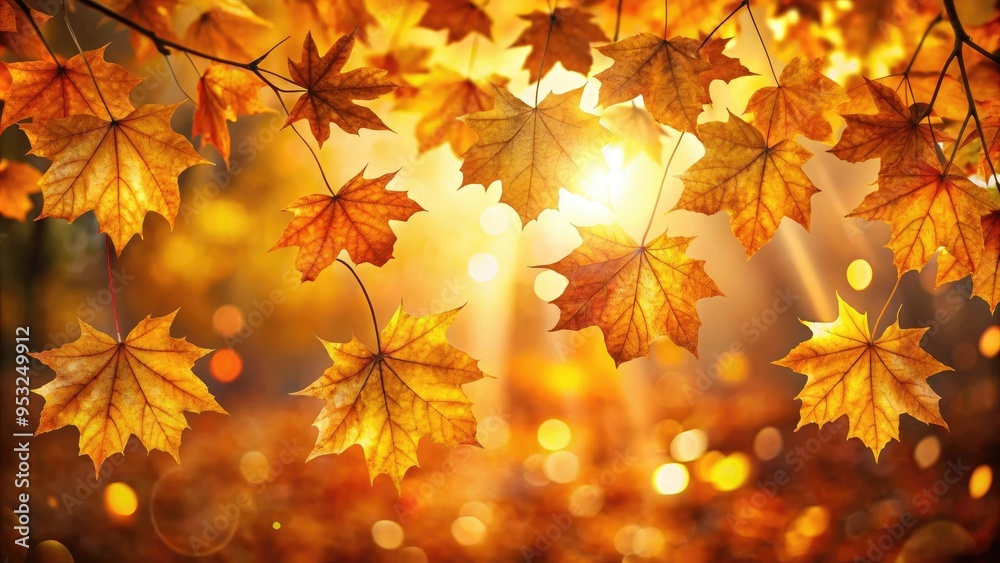 Golden autumn leaves softly falling in a warm, glowing light Golden autumn leaves softly falling in a warm, glowing light