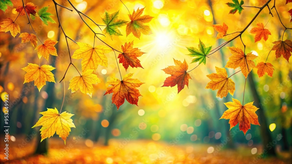 Golden autumn leaves softly falling in a warm, glowing light