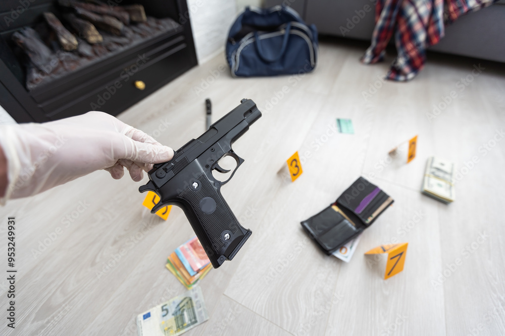 Detective in gloves looking evidence, crime scene