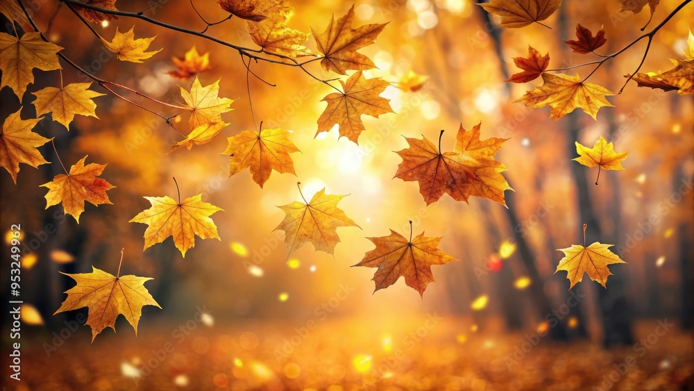 Golden autumn leaves softly falling in a warm, glowing light Golden autumn leaves softly falling in a warm, glowing light