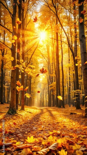 Golden autumn leaves softly falling in a sunlit forest