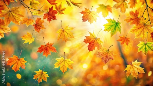 Golden autumn leaves softly falling in a warm, glowing light