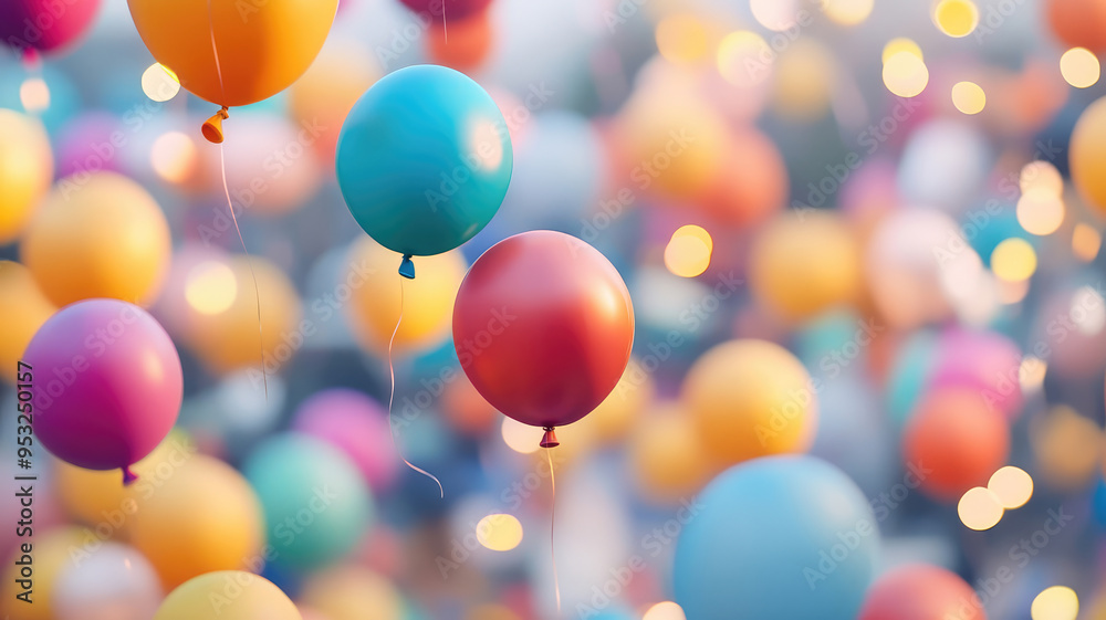 a sea of colorful balloons floating in the blurred background of the festival, detailed and realistic image a sea of colorful balloons floating in the blurred background of the festival, detailed and realistic image
