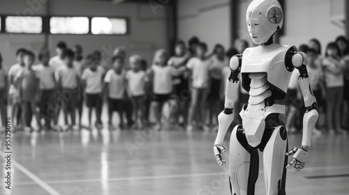 stern emotionless adult robot instructor wearing dance slippers, facing the camera standing in front of a children's dance class, full body --ar 16:9 Job ID: 4bdd4419-e79c-47ba-bbdd-f9218b2f3b3c photo