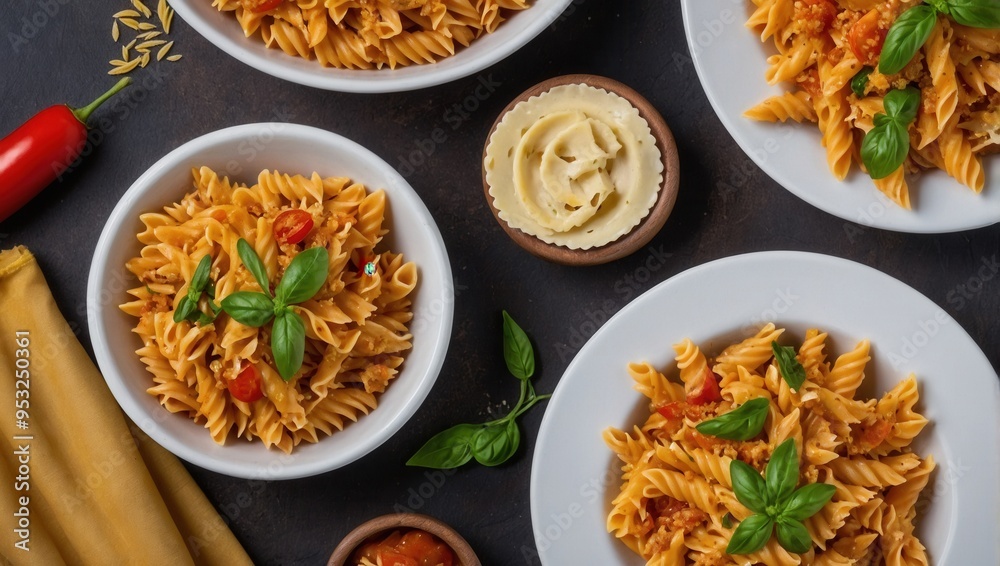 A plate of pasta with basil and cheese on top A plate of pasta with basil and cheese on top