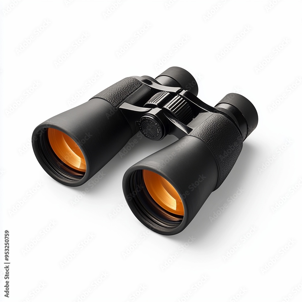Black binoculars lying on white background Black binoculars lying on white background