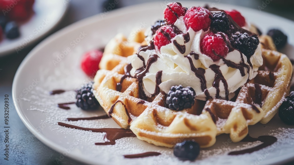 waffles topped with whipped cream, berries, and a drizzle of chocolate waffles topped with whipped cream, berries, and a drizzle of chocolate