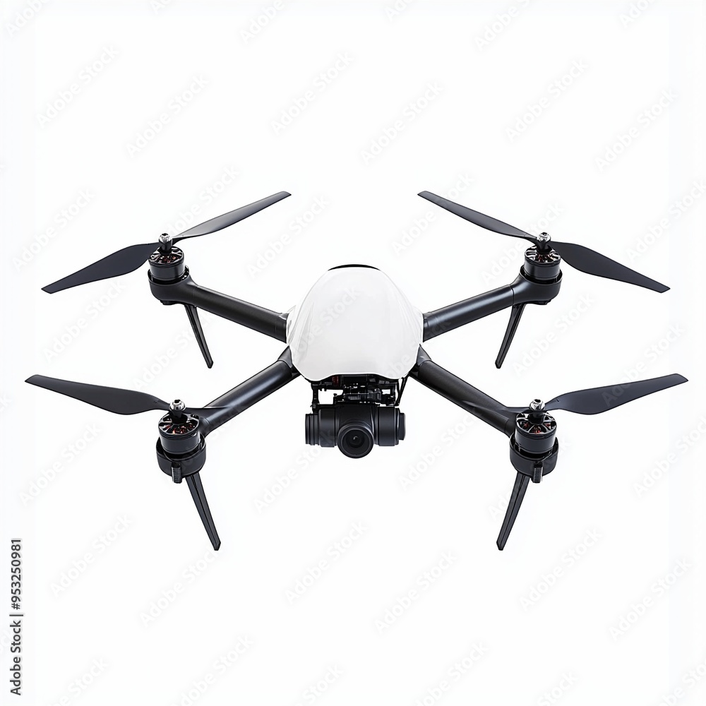 Modern white quadcopter drone hovering with camera in focus Modern white quadcopter drone hovering with camera in focus