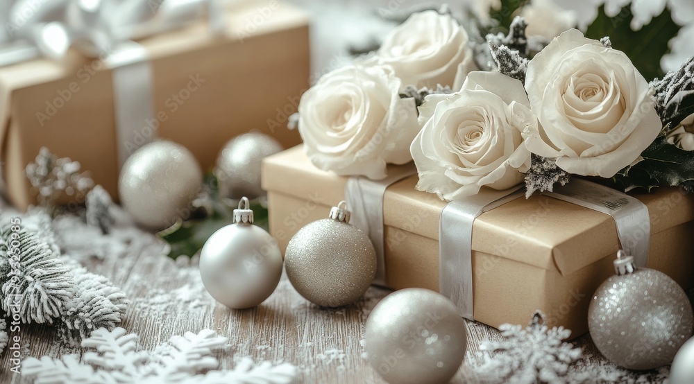 Elegant white roses and gift boxes create a festive atmosphere during winter holidays Elegant white roses and gift boxes create a festive atmosphere during winter holidays