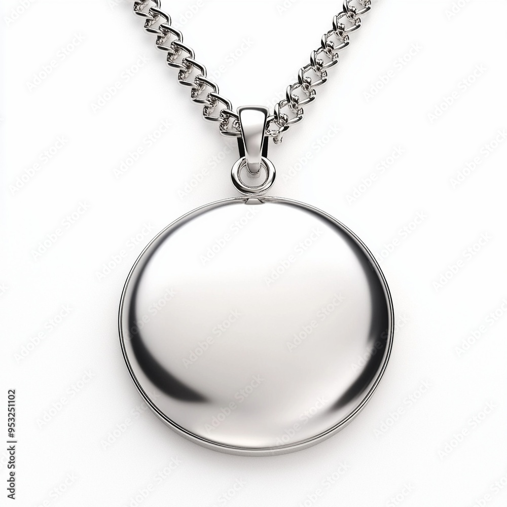 Silver medallion hanging from a chain on white background Silver medallion hanging from a chain on white background