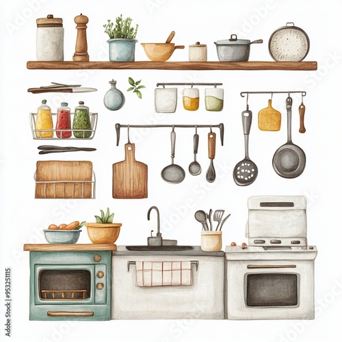 Watercolor illustration representing kitchen utensils hanging and placed on shelves