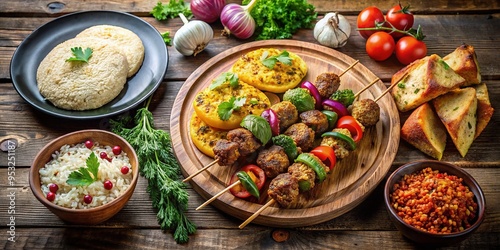 colorful kebabs, fragrant rice pilaf, crispy falafel, and steaming flatbread, arranged on a rustic wooden table. photo