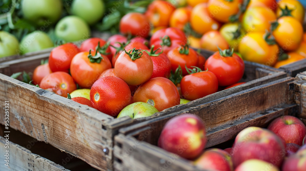 A close-up shot of fresh produce like tomatoes or apples in a crate, emphasizing the vibrant colors and freshness. A close-up shot of fresh produce like tomatoes or apples in a crate, emphasizing the vibrant colors and freshness.