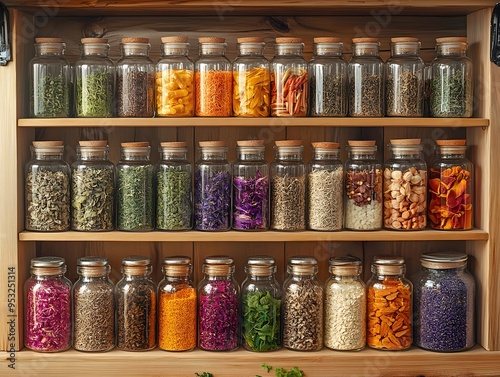 An organized, natural medicine cabinet filled with jars of dried herbs, tinctures, essential oils, and small bottles labeled with homeopathic remedies. A soft light illuminates the cabinet