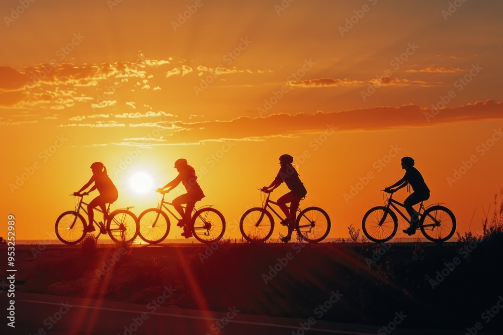 Fototapeta premium Group of people cycling together at sunset with warm light and shadows