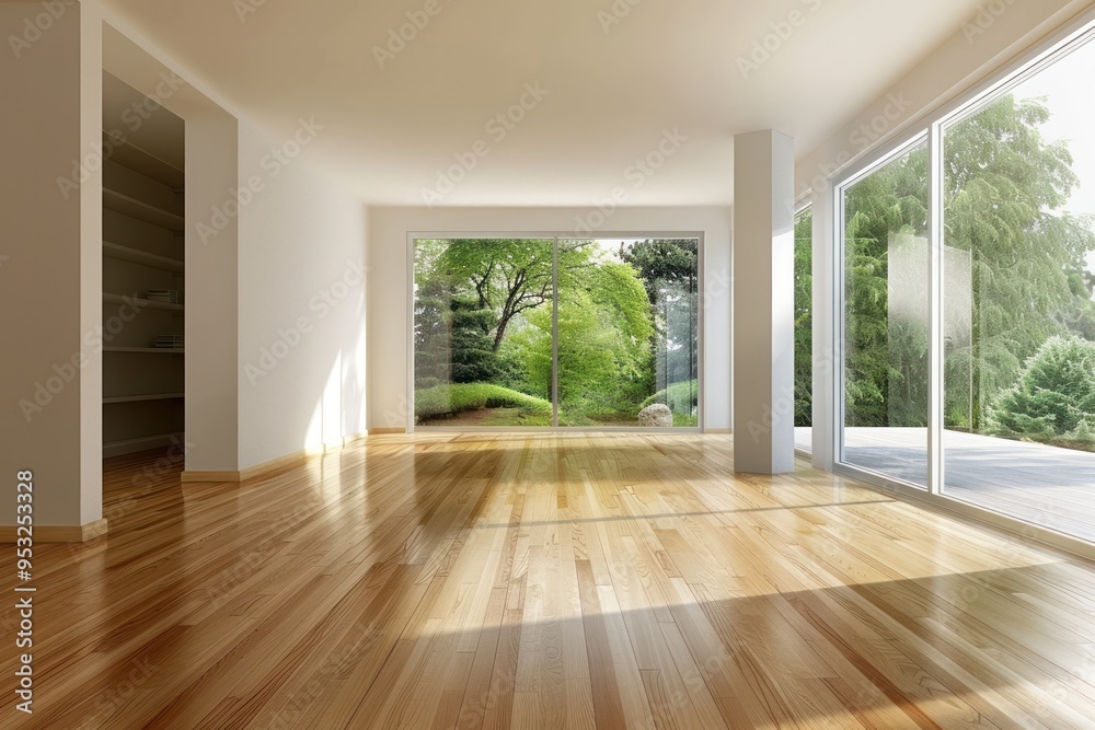 Modern Empty Room with Large Windows and View of Green Garden Modern Empty Room with Large Windows and View of Green Garden