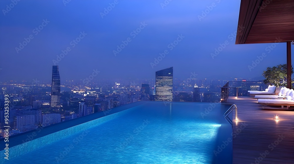 Fototapeta premium Minimalist Rooftop Pool with Captivating Cityscape Views