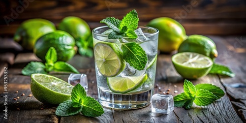 Fresh lime wedges, mint leaves, and ice cubes suspended in a glass of crystal-clear water, evoking a refreshing, revitalizing, and rejuvenating summer vibe with a touch of elegance.