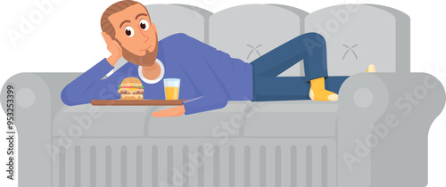 Man watch tv on couch and eat fast food