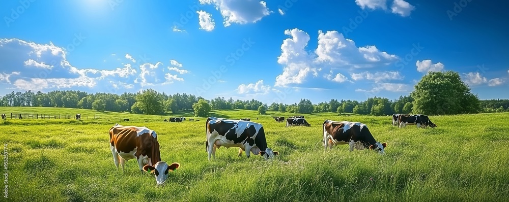 A serene landscape of cows grazing in a vibrant field under blue skies A serene landscape of cows grazing in a vibrant field under blue skies