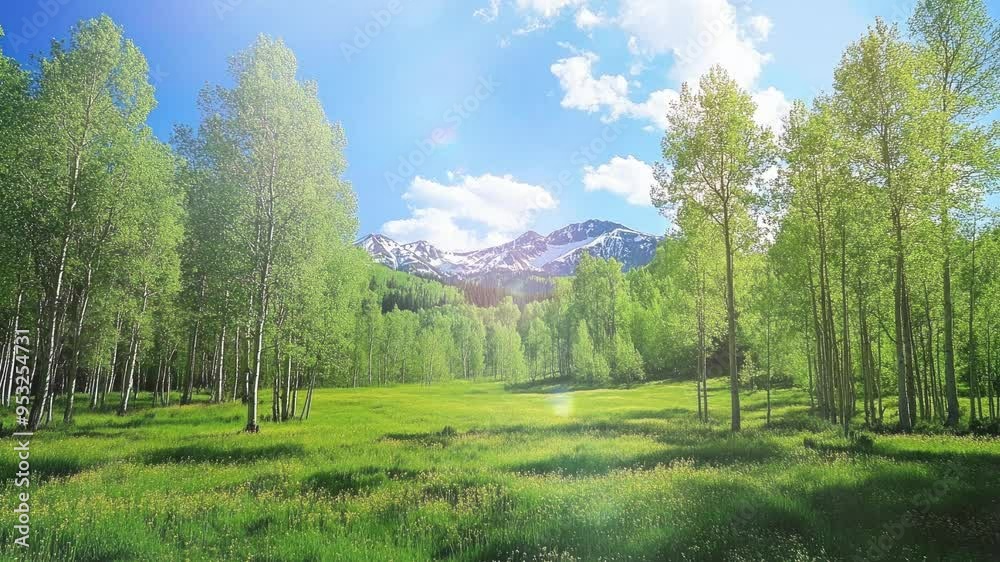 Lush Green Meadow with Tall Aspen Trees and Snowy Mountains in the Distance Lush Green Meadow with Tall Aspen Trees and Snowy Mountains in the Distance
