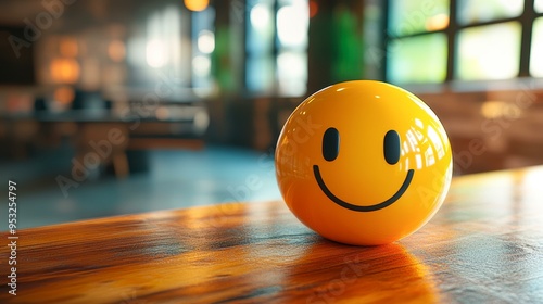 A yellow smiley face ball sits on a polished wooden table in a bright, modern room, perfect for conveying happiness, positivity, and playful themes in advertising or social media,