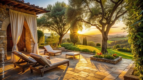 golden hour relaxation serene rusticated stone patio warm beige sun-kissed Italian loungers amidst lush greenery fluttering white curtains ancient olive trees Tuscan villa ambiance photo