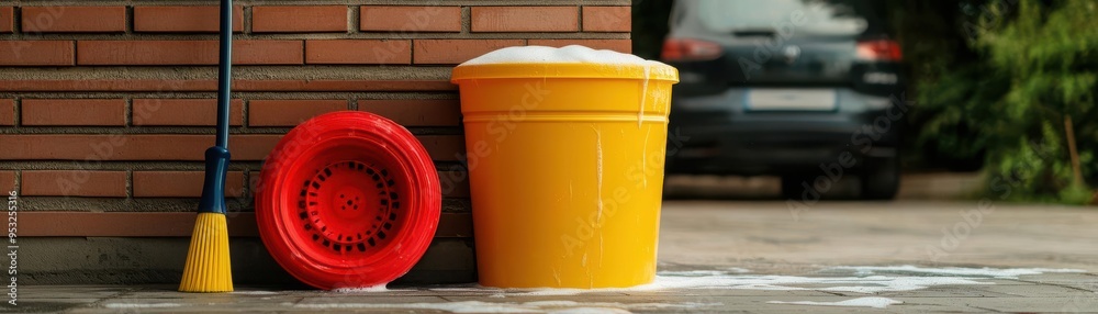 A bucket filled with soapy water and car wash tools next to a freshly washed car, ready for the next cleaning step, car washing, cleaning tools A bucket filled with soapy water and car wash tools next to a freshly washed car, ready for the next cleaning step, car washing, cleaning tools