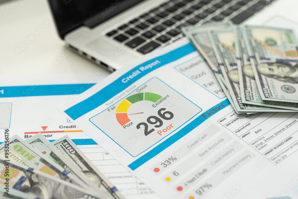 Credit score report with keyboard and pen Credit score report with keyboard and pen