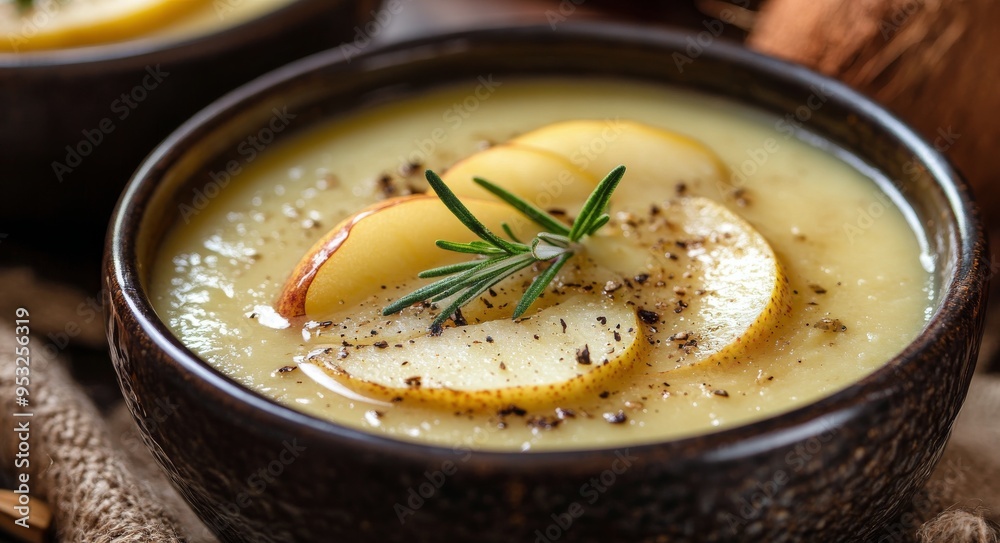 Creamy potato soup garnished with fresh herbs and sliced apples in a rustic bowl Creamy potato soup garnished with fresh herbs and sliced apples in a rustic bowl