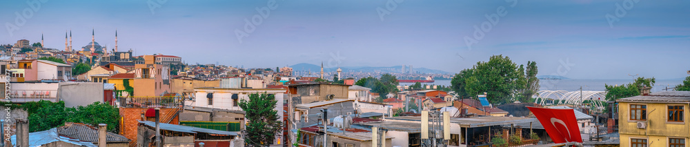 Istanbul, Sultanahmet District, Panoramic view with evening lights of the Blue Mosque, old city and Marmara Sea
