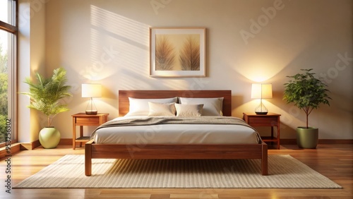 Luminous dawn breaking soft focus silhouettes modern minimalist cherry wood queen size bed frame against creamy walls calm serene ambiance inviting relaxation. photo