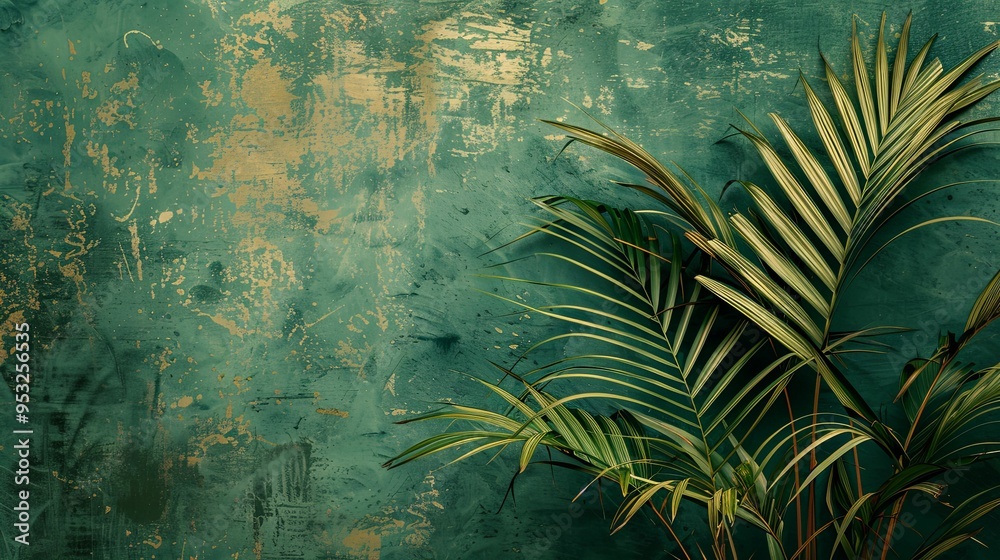 Fototapeta premium Green Palm Leaves Against a Green and Gold Wall