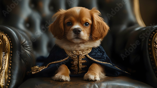 Adorable puppy dressed in a royal blue and gold cape sits on a leather armchair. photo