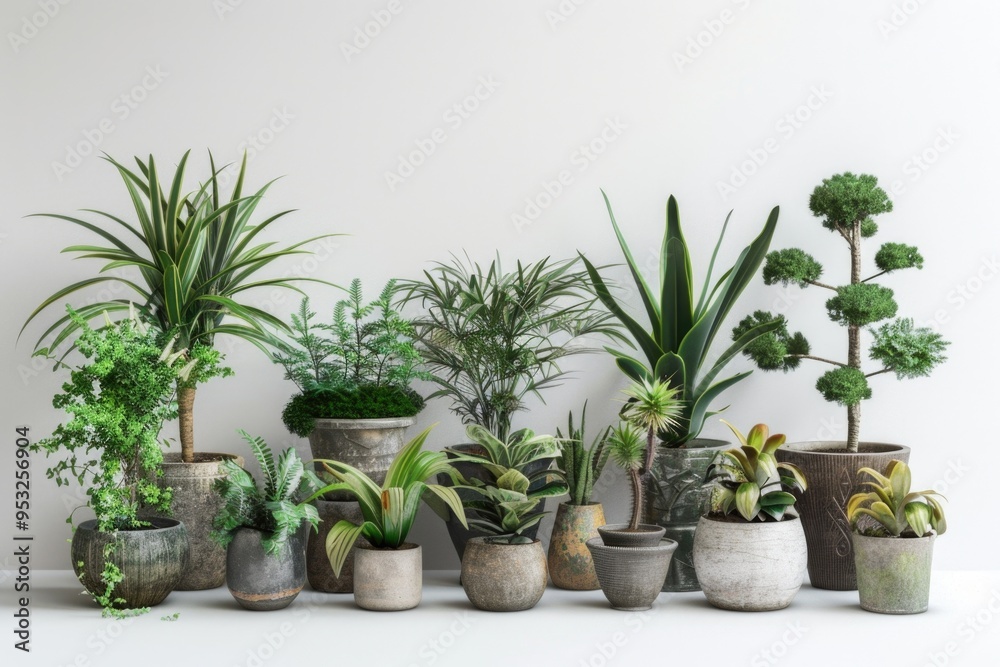 A row of potted plants sit on a clean white surface A row of potted plants sit on a clean white surface