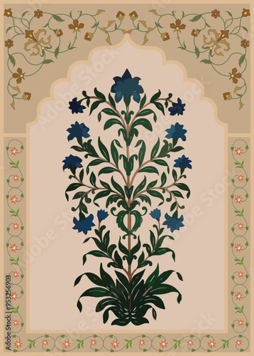 Abstract Indian floral rug design, Persian carpet, tribal vector texture, Mughal Arch.