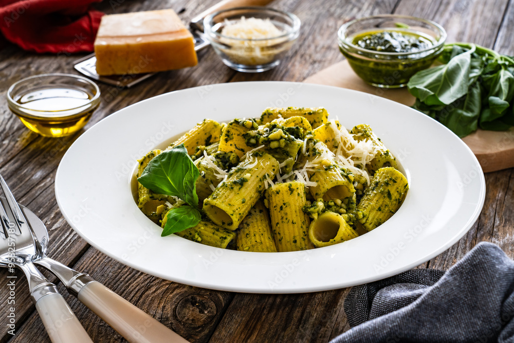 Pasta with basil pesto sauce and parmesan served in white bowl on wooden table
Pasta with basil pesto sauce and parmesan served in white bowl on wooden table