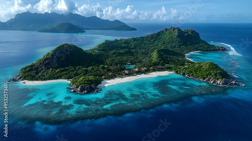 Aerial view of a tropical island with a white sand beach, clear blue water and lush green foliage.