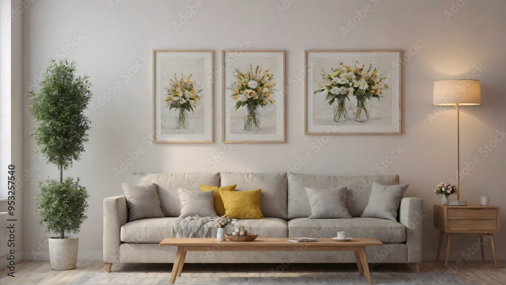 Fototapeta premium A modern living room with matching furniture theme set and decorative items 3d illustration. An empty wall and art frame mock-up template on the wall.
