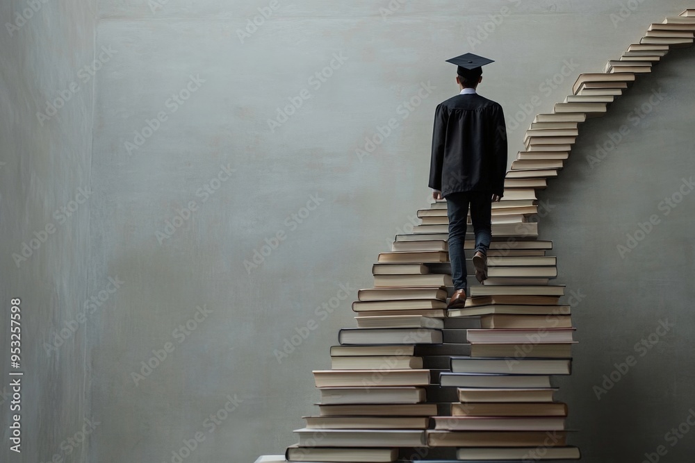Graduate Ascends a Staircase of Books Symbolizing Educational Success and Lifelong Learning Graduate Ascends a Staircase of Books Symbolizing Educational Success and Lifelong Learning