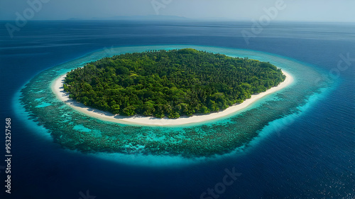 Aerial view of a tropical island with lush green foliage, white sandy beach, and crystal clear blue water.