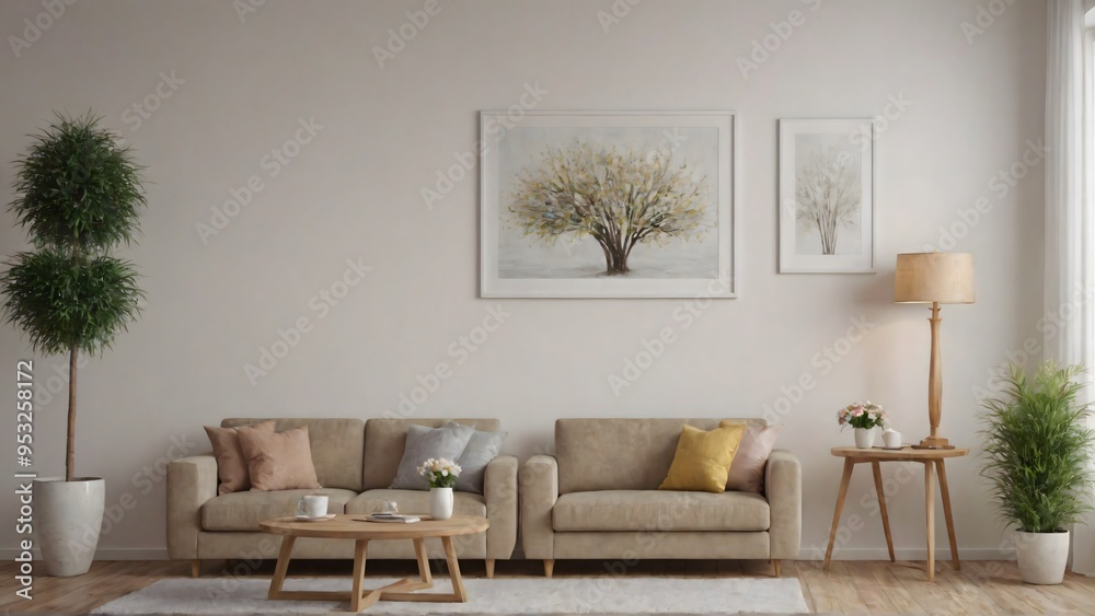 Fototapeta premium A modern living room with matching furniture theme set and decorative items 3d illustration. An empty wall and art frame mock-up template on the wall.
