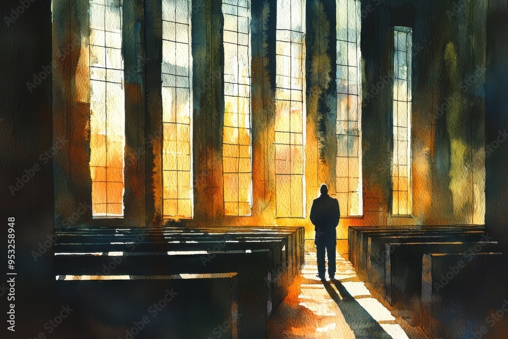 Fototapeta premium A solitary figure stands in a serene church, illuminated by warm light streaming through tall stained glass windows.