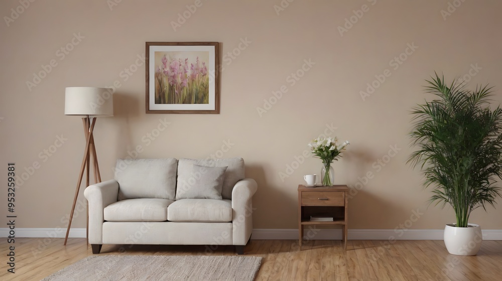 Fototapeta premium High resolution interior design image of a room with white sofa, table, wall art frame mock up 