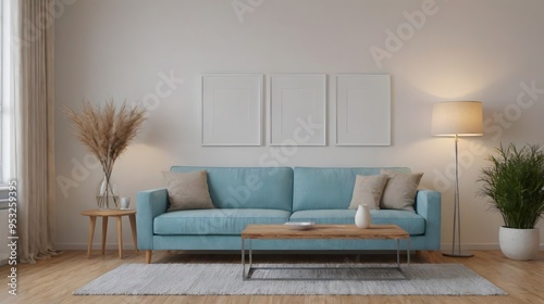 A modern living room with matching furniture theme set and decorative items 3d illustration. An empty wall and art frame mock-up template on the wall.