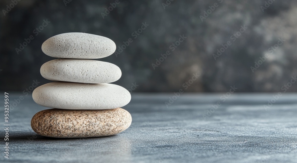 Carefully stacked smooth stones on a textured surface showcasing balance and tranquility Carefully stacked smooth stones on a textured surface showcasing balance and tranquility