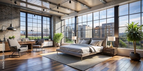 Luxurious minimalist bedroom showcasing sleek modern furniture in a Washington DC loft apartment with natural light pouring in through large windows