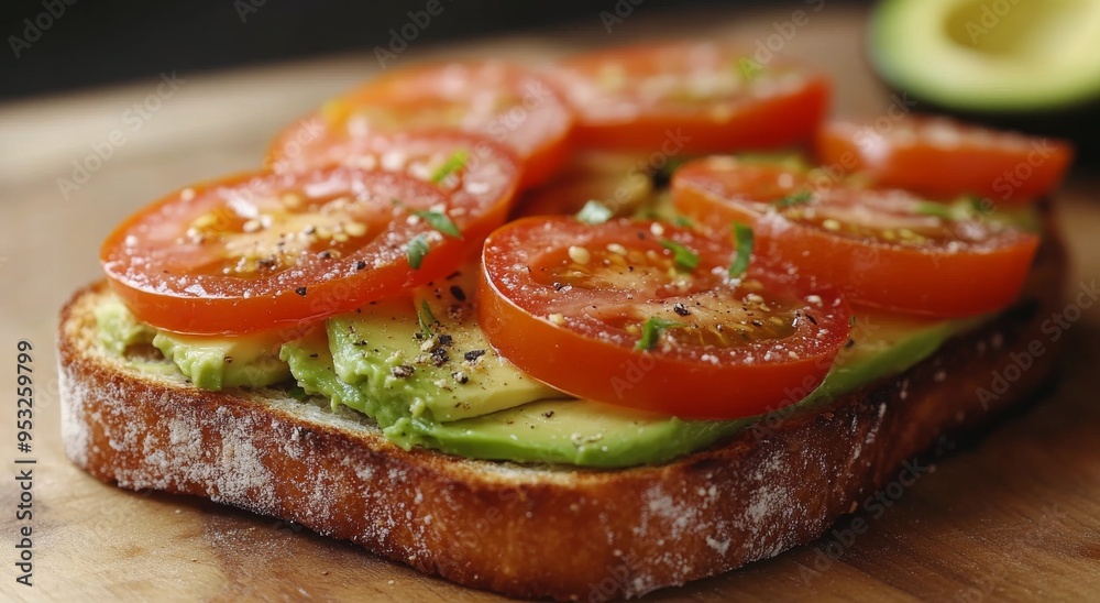 Delicious avocado toast topped with fresh tomato slices and garnished with herbs on wooden platter Delicious avocado toast topped with fresh tomato slices and garnished with herbs on wooden platter