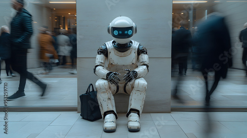 a robot sitting in the waiting room at an interview