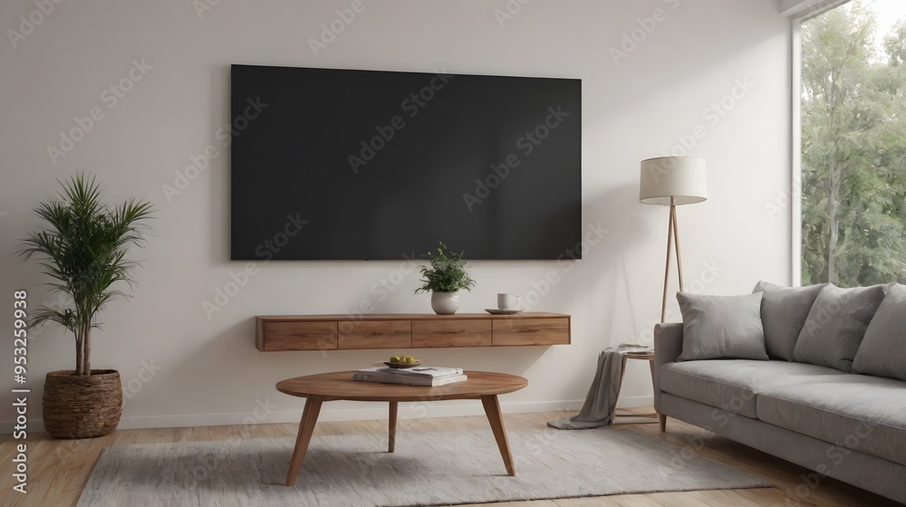 A modern living room with matching furniture theme set and decorative items 3d illustration. An empty wall and art frame mock-up template on the wall. A modern living room with matching furniture theme set and decorative items 3d illustration. An empty wall and art frame mock-up template on the wall.